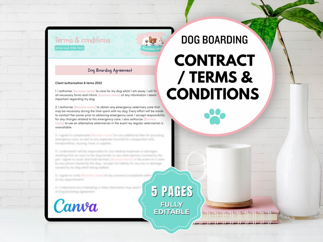 5 Page Dog Boarding Contract, Dog Boarding Forms, Dog Boarding, Dog