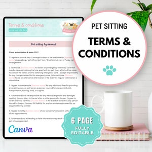 Könnte beinhalten: Eine rosa und weiße druckbare Vorlage für einen Haustiersitter-Vertrag mit dem Text "Pet Sitting Terms & Conditions" in einem weißen Kreis mit einem türkisfarbenen Pfotenabdruck. Der Text "6 Page Fully Editable" befindet sich in einem türkisfarbenen Kreis mit einem weißen Stern.