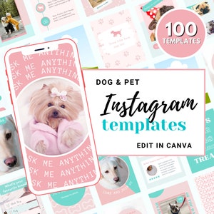 Puede incluir: Una colección de 100 plantillas de Instagram en rosa y azul para dueños de perros y mascotas. Las plantillas son editables en Canva y presentan imágenes de perros, huellas de patas y texto como "Pregúntame cualquier cosa" y "¿Golosina?"