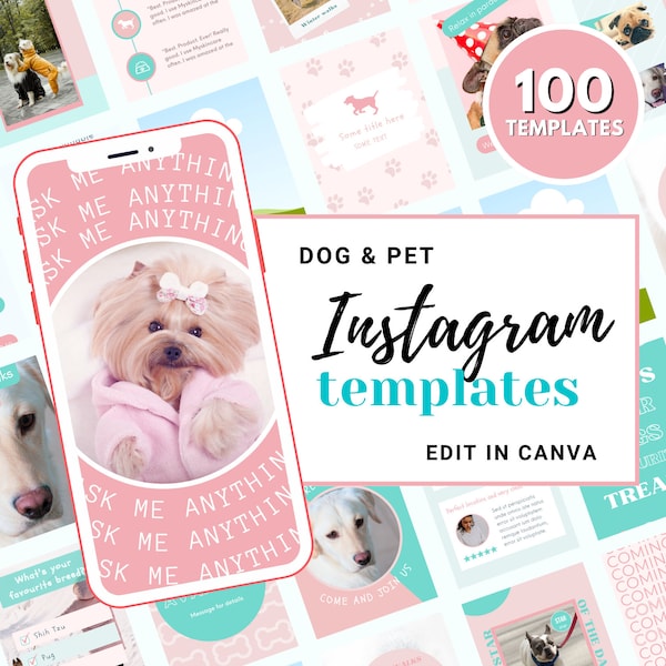 100 Dog Walking Instagram Template | Dog Walking Social Media | Instagram canva | Social Media Dogs | Pet Bloggers | Instagram Template