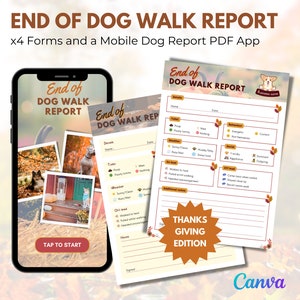 Tarjeta de calificaciones de paseos de perros con tema de Acción de Gracias / Tarjeta de calificaciones electrónica de paseos de perros / Descarga de paseos de perros / Informe de paseadores de perros / Informe móvil