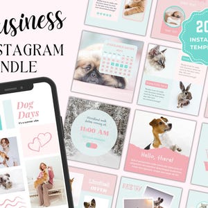 Op de afbeelding: Een verzameling van 200 aanpasbare Instagram-sjablonen voor dierenbedrijven. De sjablonen hebben een roze en blauwe kleurstelling met afbeeldingen van honden, katten en konijnen. De tekst "200 Instagram-sjablonen" wordt weergegeven in een turquoise cirkel.