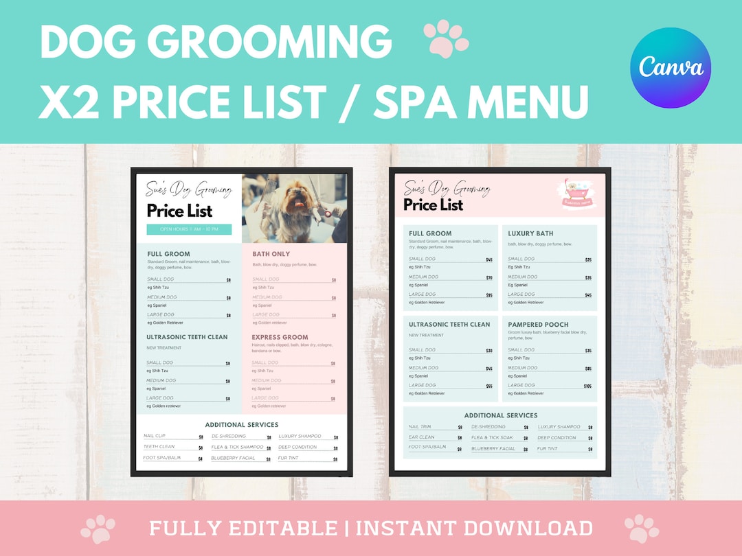Dog Grooming Price List Dog Grooming Salon Price List Dog Etsy