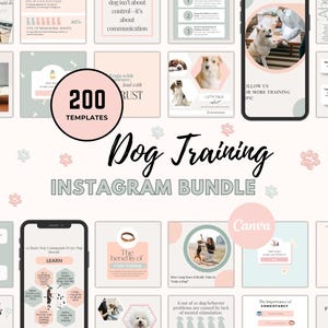 May include: A set of Instagram templates for dog training, showcasing diverse layouts with dog images, infographics, and text. The design incorporates pastel shades, paw prints, and the text "Dog Training Instagram Bundle" and "200 Templates".