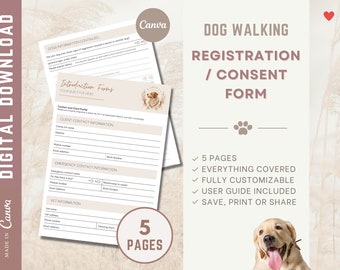 May include: A printable dog walking registration and consent form with a cute dog illustration. The form includes sections for client contact information, emergency contact information, and vet information. The form is fully customizable and includes a user guide.