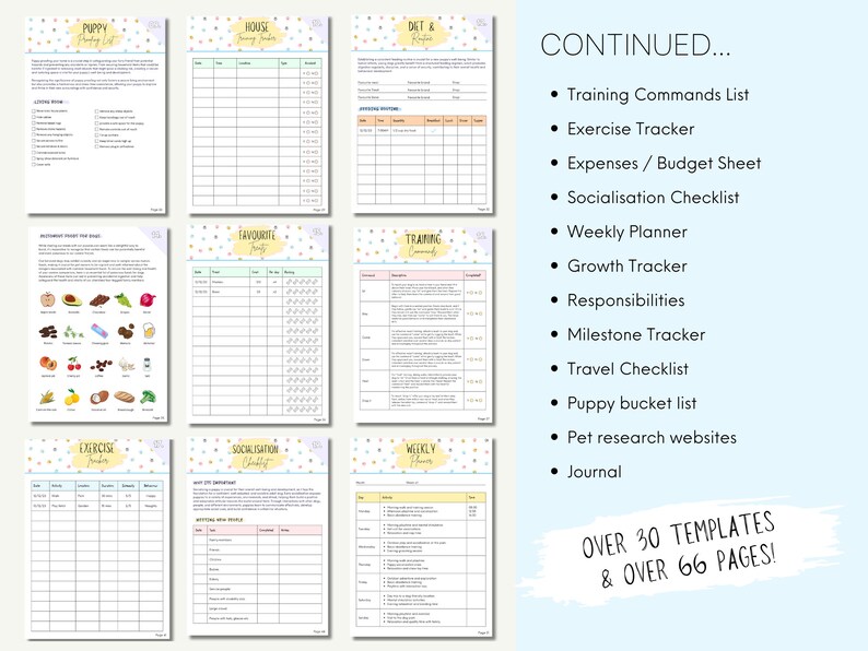 May include: A printable puppy training planner with over 30 templates and 66 pages. The planner includes sections for puppy checklist, training commands, exercise tracker, socialization checklist, weekly planner, growth tracker, responsibilities, milestone tracker, travel checklist, puppy bucket list, pet research websites, and a journal.