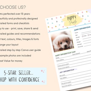 May include: A printable puppy profile template with a cute puppy photo. The template includes sections for puppy information, vet information, and a 5-star seller shop with confidence message.