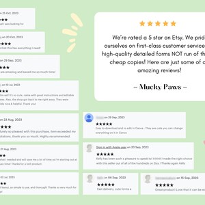 May include: A screenshot of a website with customer reviews for a business called "Mucky Paws". The reviews are all five stars and praise the business for its customer service and high-quality products. The text "We're rated a 5 star on Etsy. We pride ourselves on first-class customer service and high-quality detailed forms NOT run of the mill cheap copies! Here are just some of our amazing reviews! - Mucky Paws -" is displayed on the page.