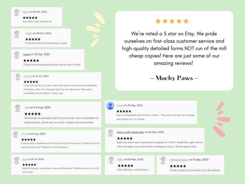 May include: A screenshot of a website with customer reviews for a business called "Mucky Paws". The reviews are all five stars and praise the business for its customer service and high-quality products. The text "We're rated a 5 star on Etsy. We pride ourselves on first-class customer service and high-quality detailed forms NOT run of the mill cheap copies! Here are just some of our amazing reviews! - Mucky Paws -" is displayed on the page.