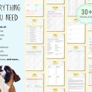 May include: A set of 30+ printable puppy tracker templates with a yellow and white polka dot background. The templates include sections for tracking milestones, medical records, vaccinations, growth, diet, exercise, vet visits, socialization, and more.