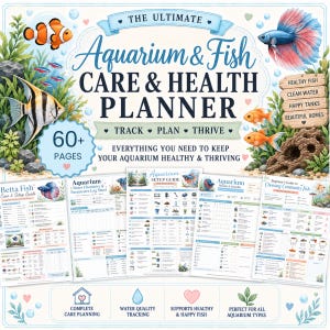 Puede incluir: Un planificador de cuidado y salud para acuarios y peces de más de 60 páginas con ilustraciones de pez payaso, pez ángel y pez betta. La portada incluye el texto "The Ultimate Aquarium & Fish Care & Health Planner" y "Track, Plan, Thrive".