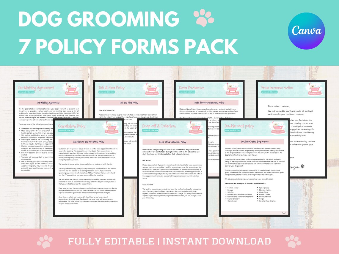 Dog Grooming Policy Forms Pack Dog Grooming Policies Dog Etsy
