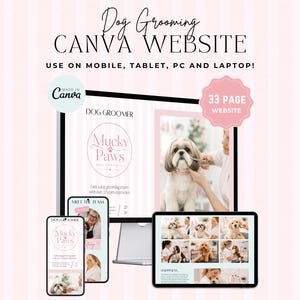 Puede incluir: Diseño de sitio web de Canva para peluquería canina, mostrado en portátil, tableta y smartphone. El sitio web presenta un diseño en rosa y blanco con el texto "Mucky Paws" y "Dog Groomer". Diseñado para móvil, tableta, PC y portátil.