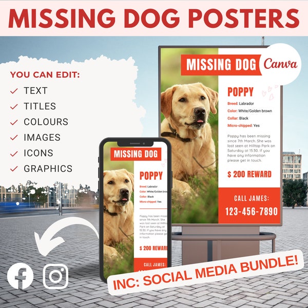 Missing Dog Flyer | Missing Dog Poster | Missing Dog Template | Lost Dog Poster | Lost Dog Flyer | Lost Dog Template | + Social Media Pack!