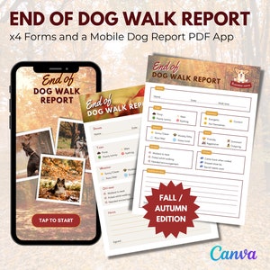 Informe de paseo de perros con tema de otoño, informe de paseo de perros en formato de texto, informe de paseo de perros para dispositivos móviles, descarga de paseo de perros, informe de paseo de perros, Canva