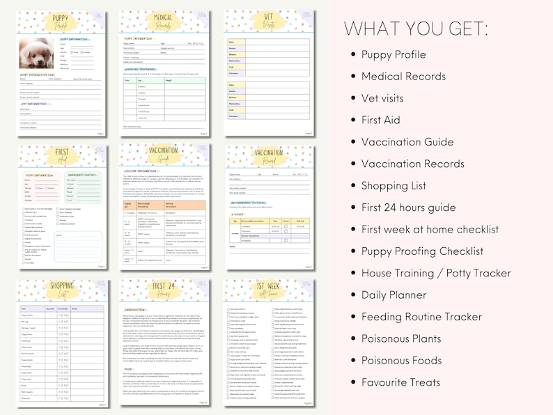 May include: A printable puppy planner with a colorful polka dot background. The planner includes sections for puppy profile, medical records, vet visits, first aid, vaccination guide, vaccination records, shopping list, first 24 hours guide, first week at home checklist, puppy proofing checklist, house training/potty tracker, daily planner, feeding routine tracker, poisonous plants, poisonous foods, and favorite treats.