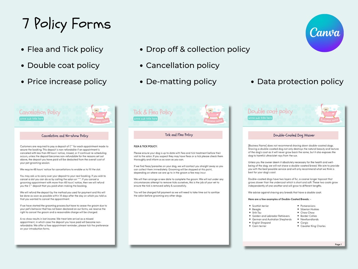 Dog Grooming Policy Forms Pack Dog Grooming Policies Dog Etsy