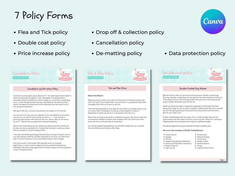 Dog Grooming Policy Forms Pack | Dog Grooming Policies | Dog Groomer ...