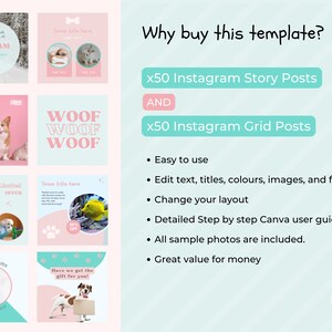 以下が含まれることがあります： Instagram 用の Canva テンプレートで、ストーリー投稿 50 件とグリッド投稿 50 件が含まれています。このテンプレートは犬をテーマにしており、犬、猫、その他の動物の画像が掲載されています。このテンプレートは使いやすく、ステップバイステップガイドが含まれています。サンプル写真もすべて含まれています。