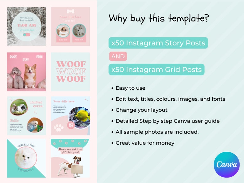 以下が含まれることがあります： Instagram 用の Canva テンプレートで、ストーリー投稿 50 件とグリッド投稿 50 件が含まれています。このテンプレートは犬をテーマにしており、犬、猫、その他の動物の画像が掲載されています。このテンプレートは使いやすく、ステップバイステップガイドが含まれています。サンプル写真もすべて含まれています。