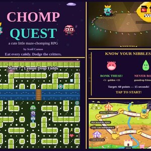 May include: A digital game interface titled CHOMP QUEST featuring pixel art graphics, maze levels like Lemon Drop Fields, character selection, and instructions to eat candy and dodge critters. The screen displays gameplay elements, scoring rules, and a map.
