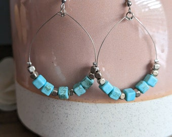 Boho Artisan handmade beaded earrings turquoise and silver