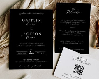 Black and White Wedding Invitation Suite, Modern Black Wedding Invitation Template, Printable Invitation Set, Dark Wedding, Instant Download