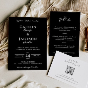 Black and White Wedding Invitation Suite, Modern Black Wedding Invitation Template, Printable Invitation Set, Dark Wedding, Instant Download