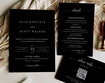 Black and White Wedding Invitation Set, Modern Black Wedding Invitation Suite, Printable Minimalist Invite, Editable, Instant Download, B&W