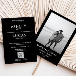 Invitación de boda negra con código QR, plantilla de boda en blanco y negro, conjunto de invitación de boda, código QR RSVP, invitación de boda oscura, moderna