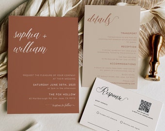 Terracotta Wedding Invitation Set: Minimalist Desert Style (Editable)