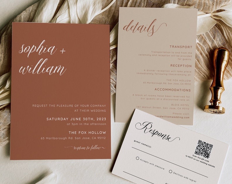 Terracotta Wedding Invitation Set Minimalist Desert Wedding Invitation Suite Wedding Invitation With QR Code RSVP Editable