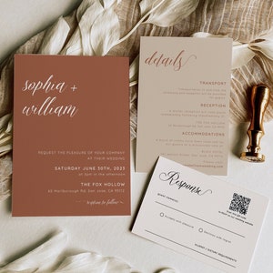 Terracotta Wedding Invitation Set, Minimalist Desert Wedding Invitation Suite, Wedding Invitation With QR Code RSVP, Editable Rust Invites