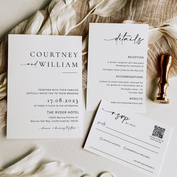 QR Code Wedding Invitation Template, Modern Wedding Invitation Suite, Digital Rsvp, Minimalist Wedding Insert, RSVP Online, Wedding Card