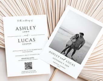 Invitación de boda con código Qr, plantilla de invitación de boda minimalista, plantilla de boda con código Qr, invitación editable, invitación de boda con foto, Qr Rsvp