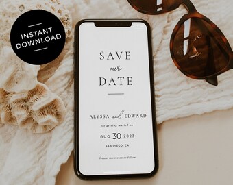 May include: A smartphone displaying a save the date announcement for Alyssa and Edward's wedding on 30 August 2023 in San Diego, California. The phone is lying on a white textured surface with a pair of brown sunglasses.