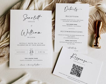 Minimalist Wedding Invitation Set: Modern QR Code Template (Digital Download)