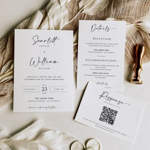Minimal Wedding Invites with QR Code, Wedding Invitation Template Set, Modern Wedding Suite, Photo Wedding Invite, Simple Editable Template