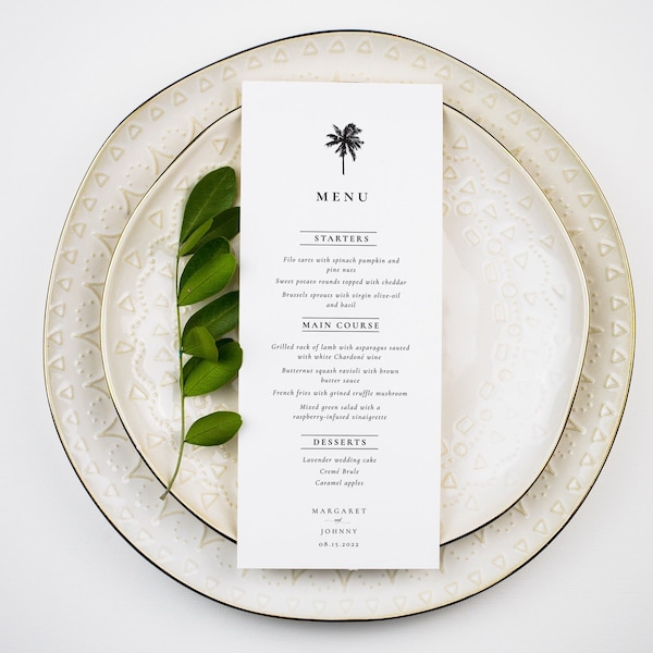 Palm Tree Wedding Menu Template, Tropical Wedding Menu, Beach Wedding Menu Card, Minimalist Editable Dinner Menu, Modern Ocean Island Menu