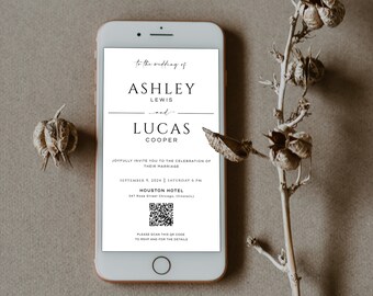 May include: A digital wedding invitation on a smartphone screen. The invitation is for Ashley Lewis and Lucas Cooper, and it includes the date, time, and location of the wedding. A QR code is included for guests to RSVP and access more details.