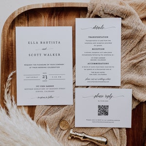 Modern Wedding Invitation Template Set, Printable Simple Wedding Invitation Suite, Wedding Invitation Set with QR code RSVP, Online Response