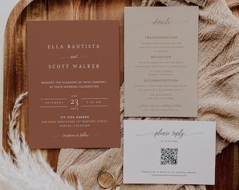 Terracotta Wedding Invitation Set, Minimalist Desert Wedding Invite, Burnt Orange Wedding Invitation Template, Rust Wedding, Boho Invite