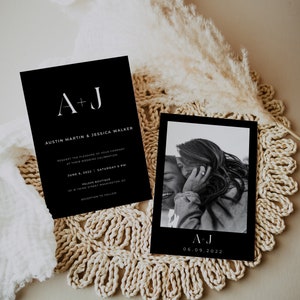Black Wedding Invitation Template, Black Boho Wedding Invitation, Simple Wedding Invite With Photo, Digital Download, Modern Black Invites