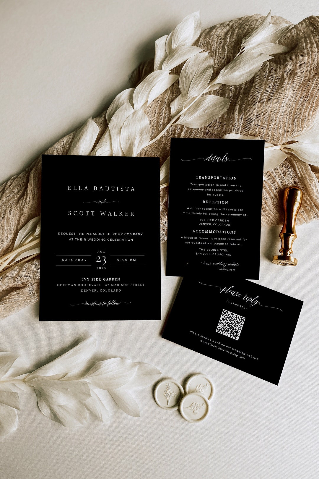 Black and White Wedding Invitation Set, Modern Black Wedding Invitation