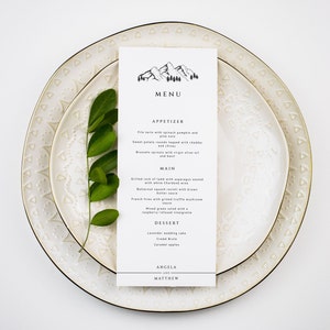 Mountain Wedding Menu Sjabloon, Woodland Mountain Pine, Afdrukbare Bruiloft Diner Menukaart, Rustieke Bruiloft, Instant Download, Zwart & Wit