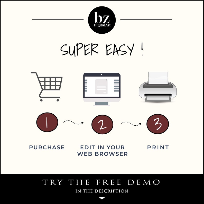 May include: A graphic illustration showing three steps to purchase, edit, and print a digital product. The steps are represented by a shopping cart, a computer screen, and a printer. The text "SUPER EASY!" is written in a handwritten font above the steps. The text "TRY THE FREE DEMO IN THE DESCRIPTION" is written below the steps.