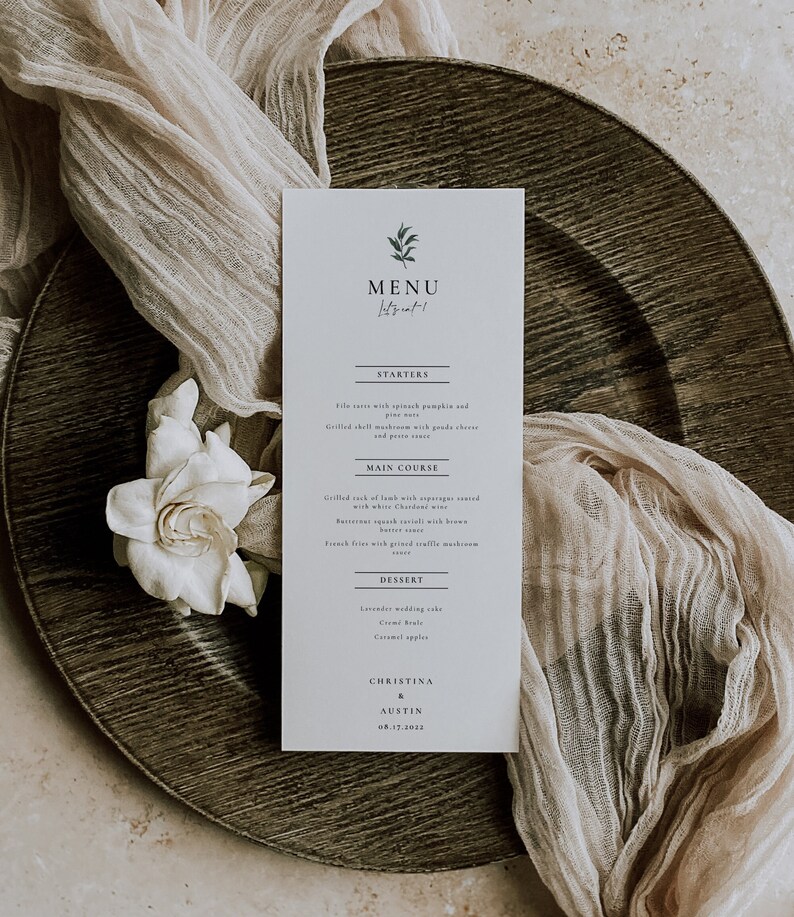 Olive Branch Wedding Menu Template Leaves Simple Menu Green Etsy