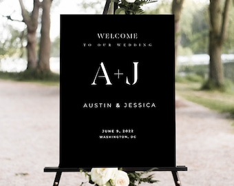 Modern Wedding Welcome Sign, Black and White Wedding Welcome Sign, Minimalist Black Wedding Sign, Large Wedding Sign, Printable Wedding Sign