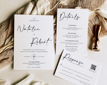 May include: A wedding invitation suite with a minimalist design. The invitation features the names "Natalie" and "Robert" in elegant script, along with the wedding date and location. The details card includes information about the ceremony, reception, and accommodation. The response card has a QR code for RSVPing online.