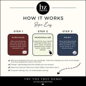 May include: A graphic showing the steps to purchase, personalize, and print a digital template. The steps are labeled "Purchase", "Personalize", and "Print". The graphic includes icons for an email, a mouse, and a printer.